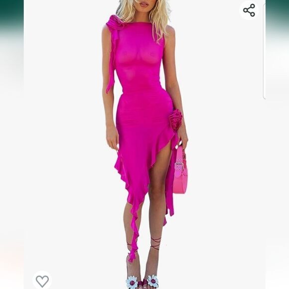 Women 3D Flower Irregular Ruffle Dress Y2k Sleeveless Split Long Dress LARGE - Picture 7 of 16